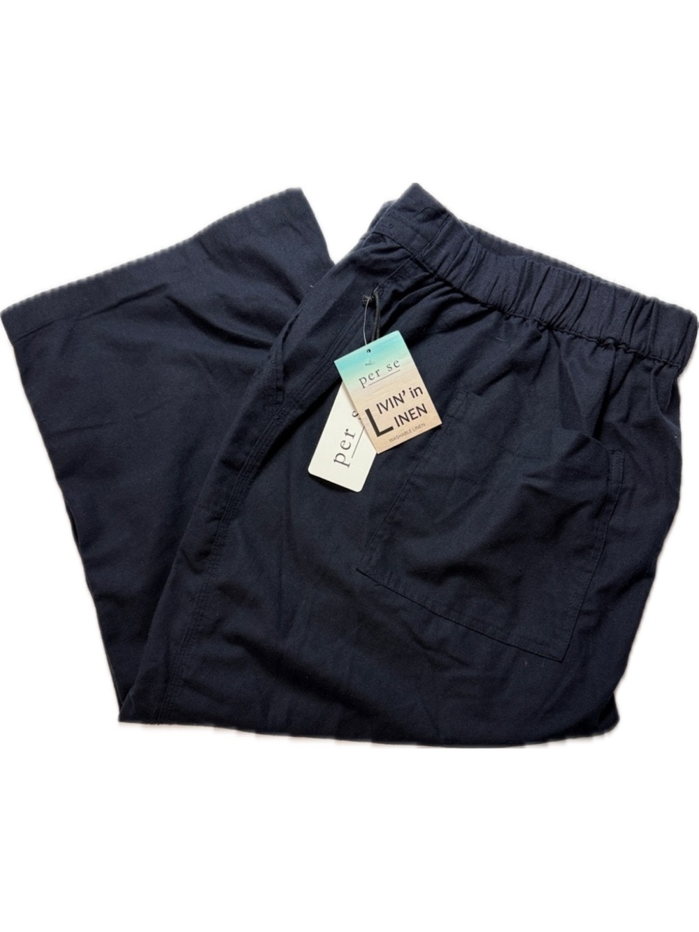 Per Se Navy Elastic-Waist Wide Leg Linen Blend Cropped Pants Size 3X NWT